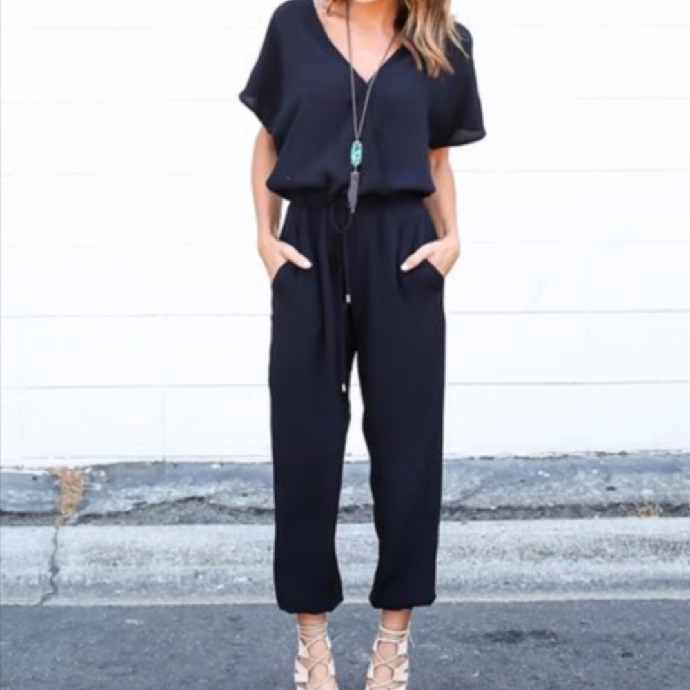 Black Wrap Top Short Sleeve Jumpsuit - Picture 1 of 4